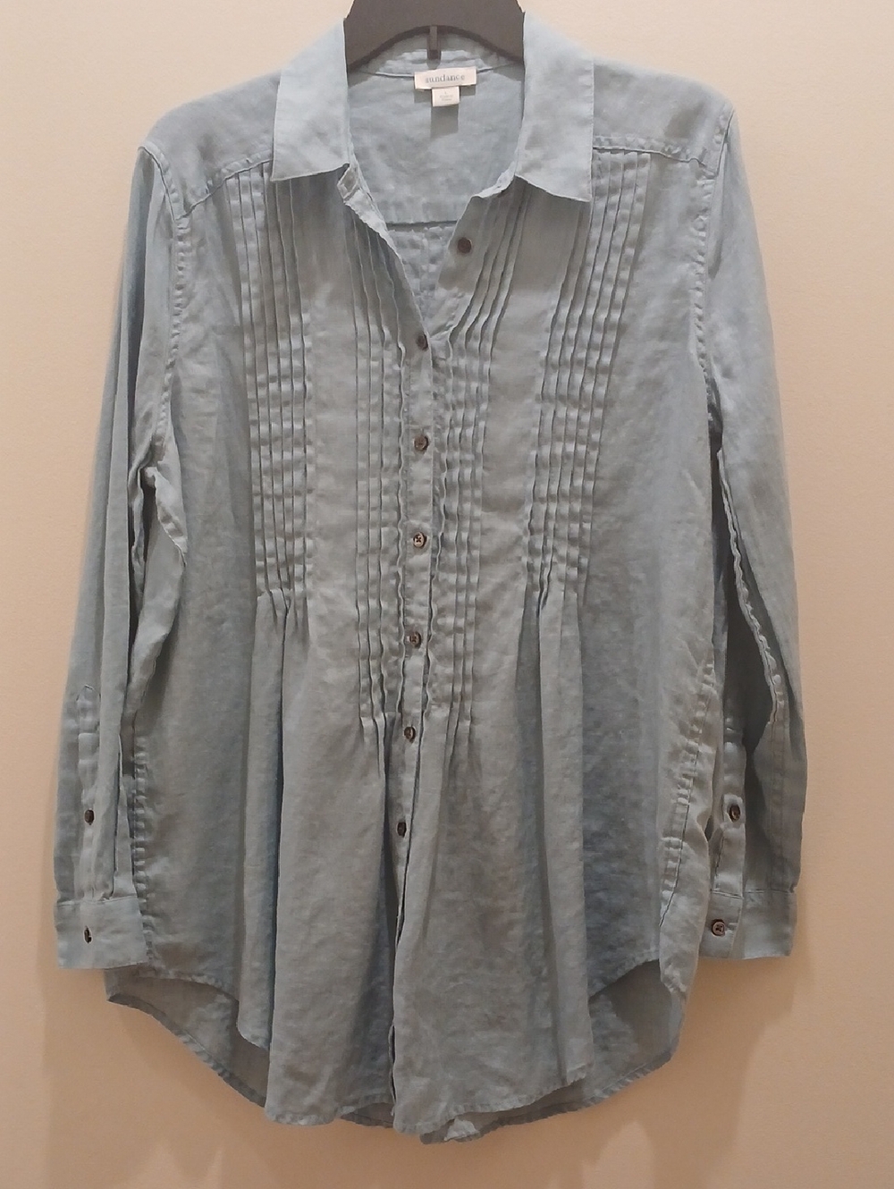 Sundance Katina Light Catalog Blue Linen Pintuck Button-Down Shirt